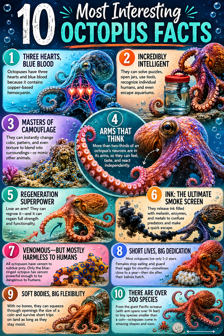 10 Octopus facts in colorful infographic
